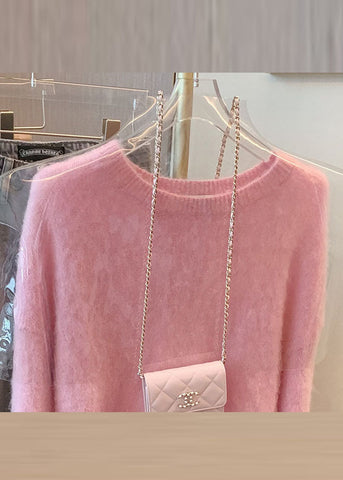 Niedliche rosa O-Ausschnitt Fuzzy Ball verziert warme Baumwolle stricken Pullover Langarm 
