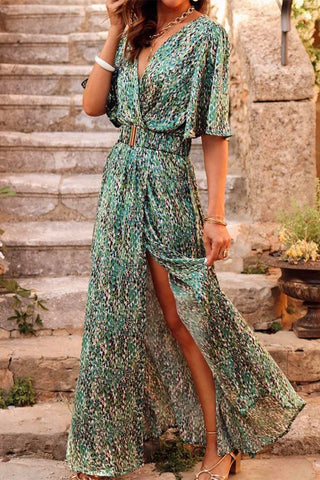 Bohemian College Floral Patchwork With Belt V Neck Waist  Dresses
