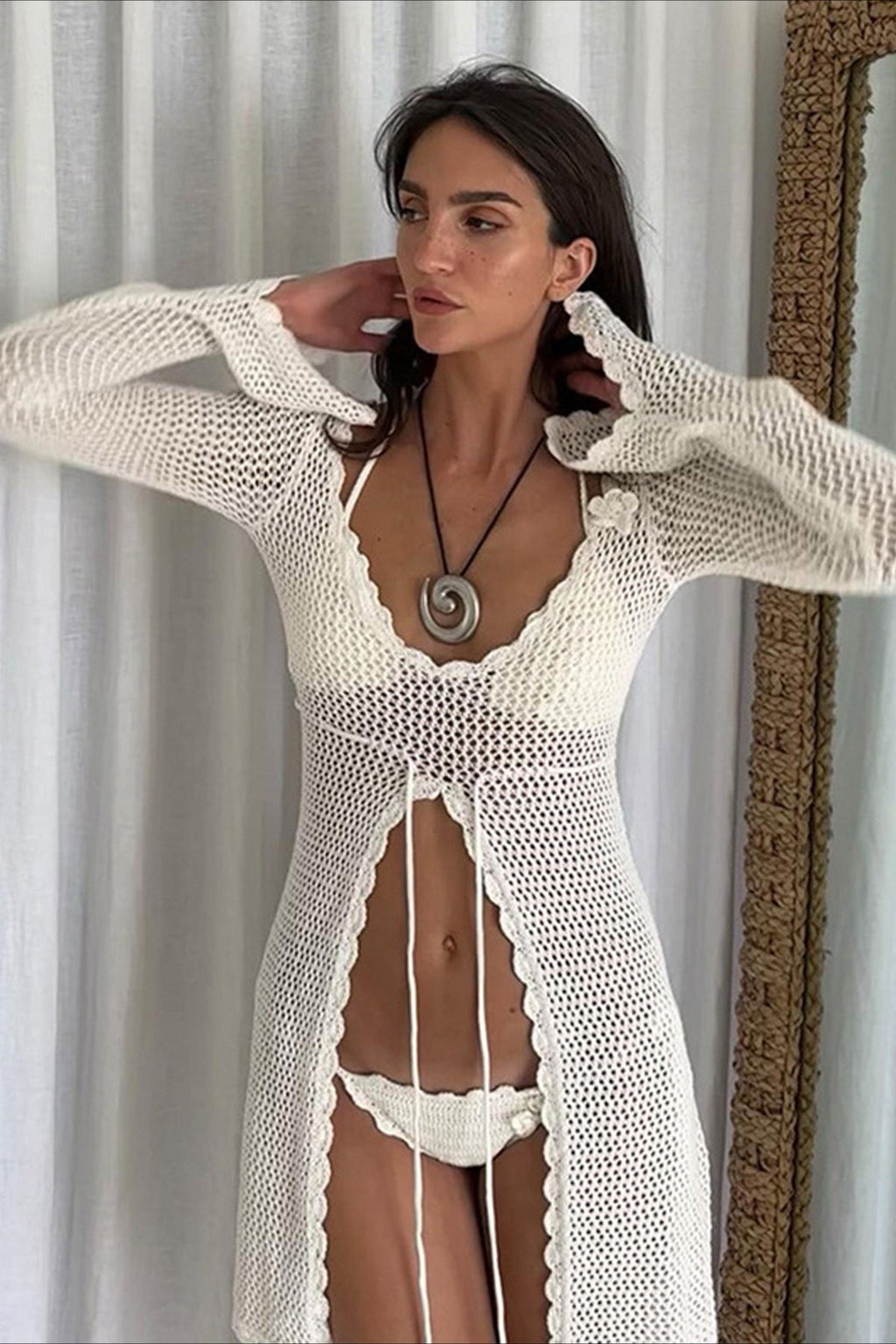 Solid Sexy V Neck Tie Knit Hollow Blouse