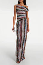 Knit Printed Off Shoulder Bodycon Maxi Dress