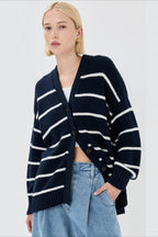 Flattering Striped V Neck Relaxed Knit Cardigan