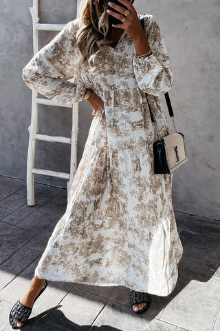 Vestido largo de manga larga con cuello en V y estampado floral 
