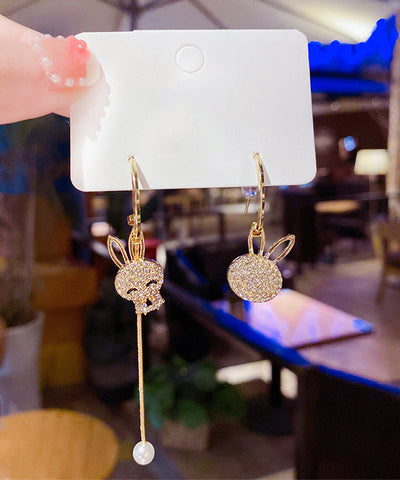 Mode Gold Sterling Silber Overgild Zirkon Asymmetrie Kleine Kaninchen Quaste Tropfen Ohrringe 