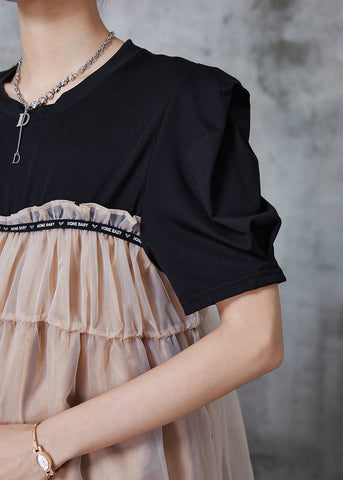 Schickes Khaki Oversized Patchwork Blumen Tüll Teekleid Sommer 