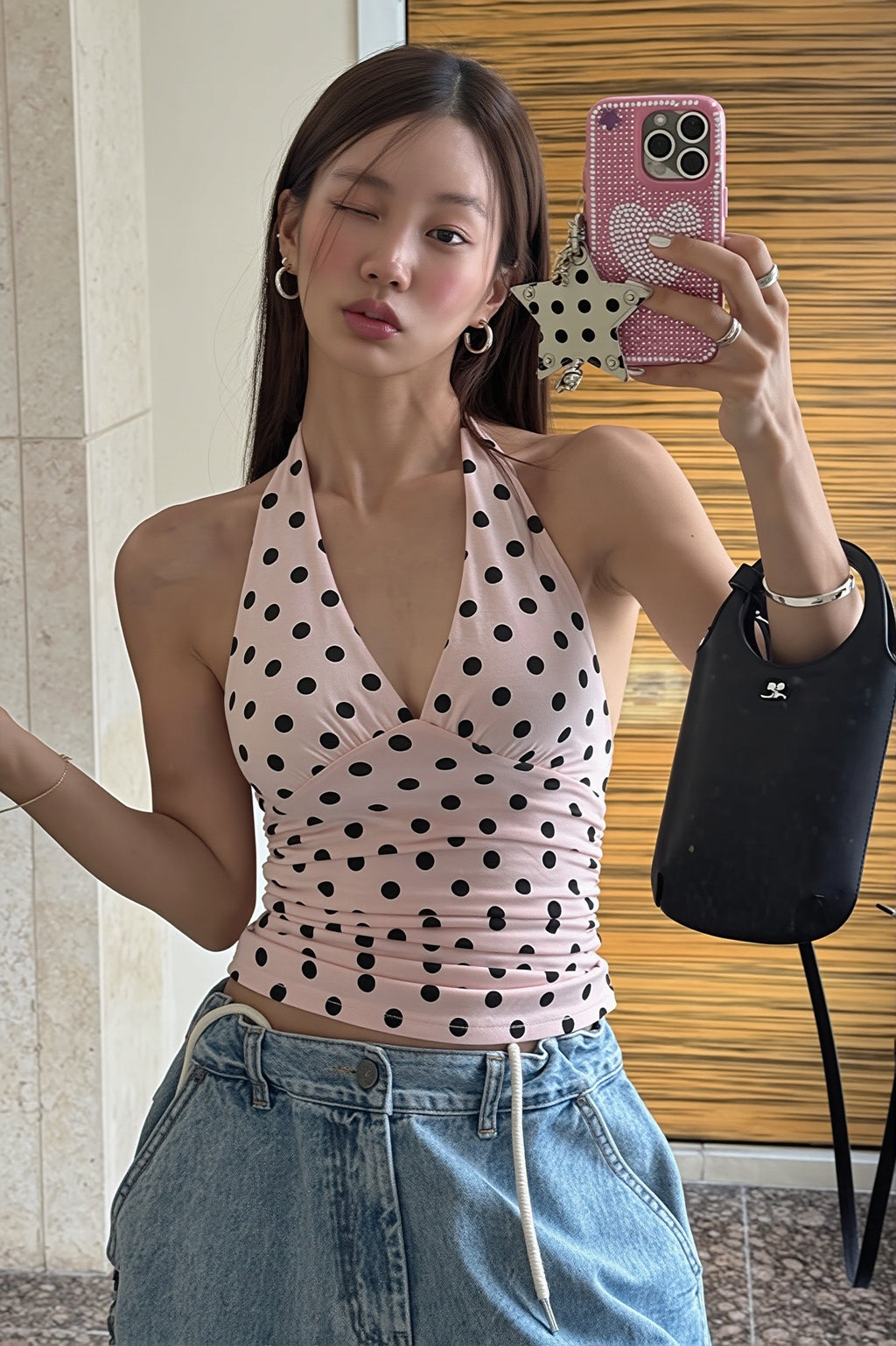 Chic Polka Dot Backless Halter Bodycon Layering Halter Top