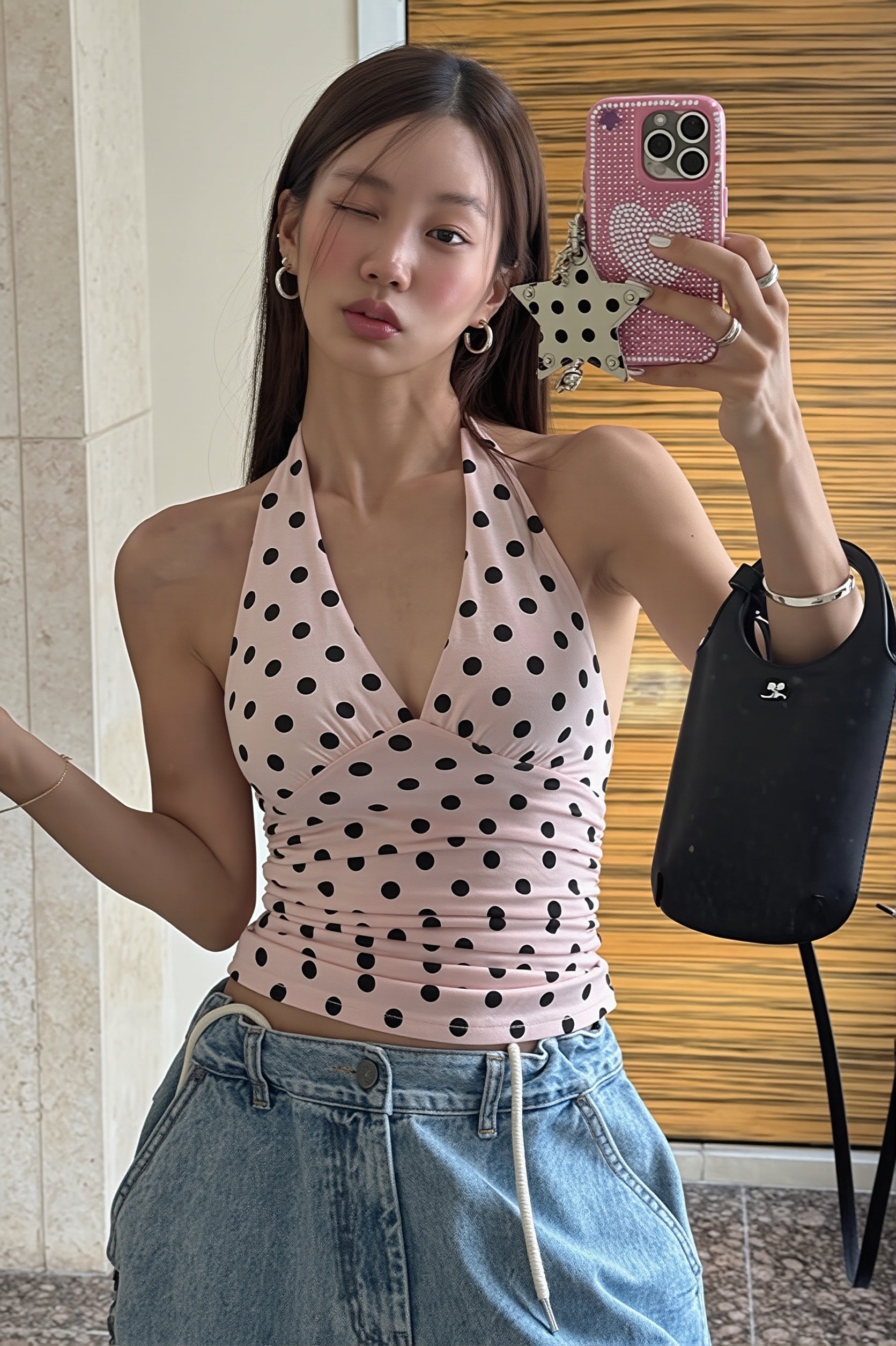 Chic Polka Dot Backless Halter Bodycon Layering Halter Top