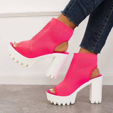 Mesh Peep Toe Platform Chunky High Heels Slingback Sandals