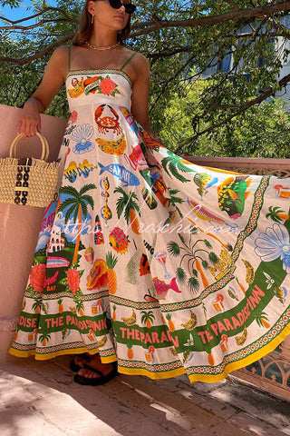 Holiday Paradise Maxikleid aus Leinenmischung mit einzigartigem Druck und gesmokten Gesäßtaschen 