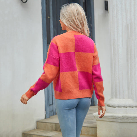 Autumn Winter Women's Plaid Stitching Knitwear Cardigan Sweater Coat