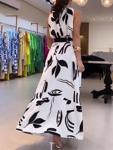 Vestido largo de cóctel holgado con escote anudado y estampado único 
