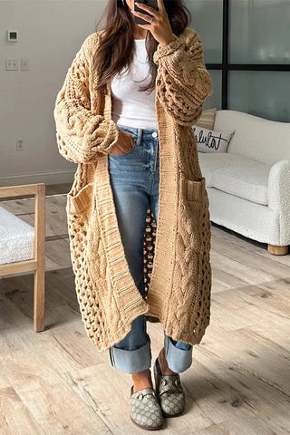 Oversize-Midi-Cardigan mit Zopfmuster und langen Ärmeln und Tasche 