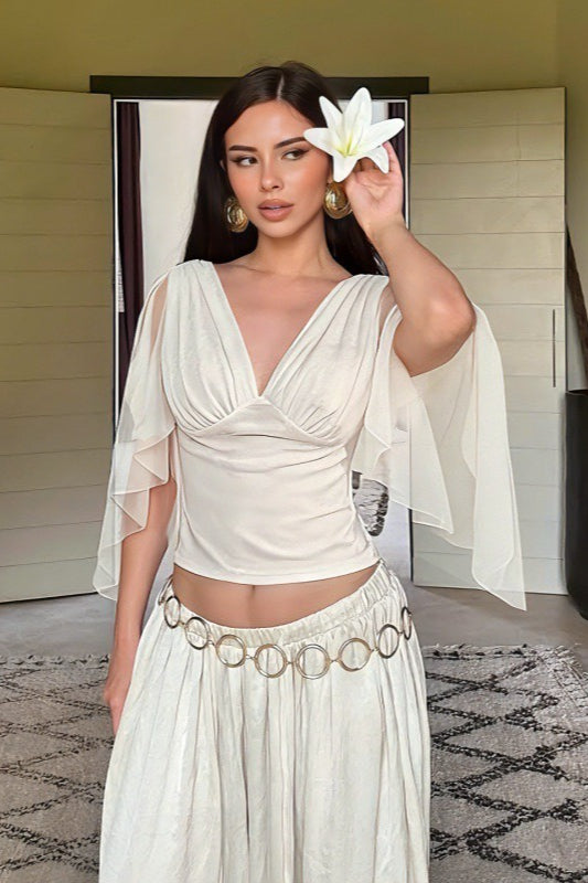 Mesh Patchwork V-Neck Long Sleeve Blouse