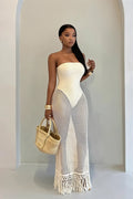 Solid Hollow Out Knitted Slim Vacation Maxi Dress