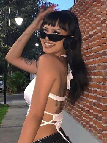 Top corto sexy de verano Y2K con espalda descubierta para mujer, con agujeros, blanco, sin mangas, estilo vendaje, estilo halter, ropa de calle, camisola de los años 90 
