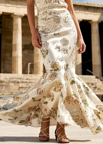 Französische Aprikosen-Vestidos mit Blumenmuster, Wickelkleider, extra großer Saum 