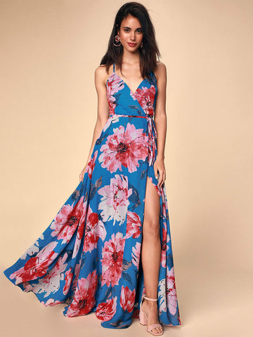 Vestido largo informal sin mangas con cuello en V y estampado floral 