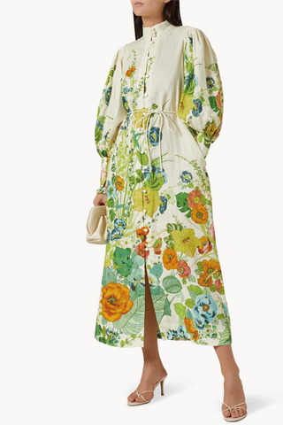 Vestido midi con mangas abullonadas y estampado floral 