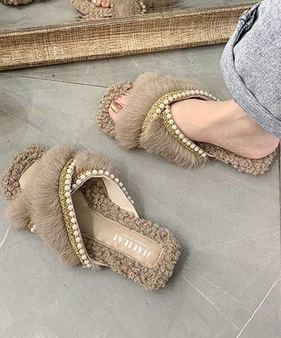 Stilvolle Splicing Fuzzy Pelz Hausschuhe Schuhe Braun Nagel Perle 