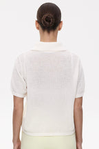 Minimalist Polo Hollow Knit Puff Sleeve Blouse