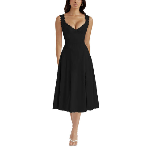 Strap Dress Women Summer Elegant Lace V Neck Fitted Waist Backless Lace Up Midi Dress – Best Summer Dress for Women