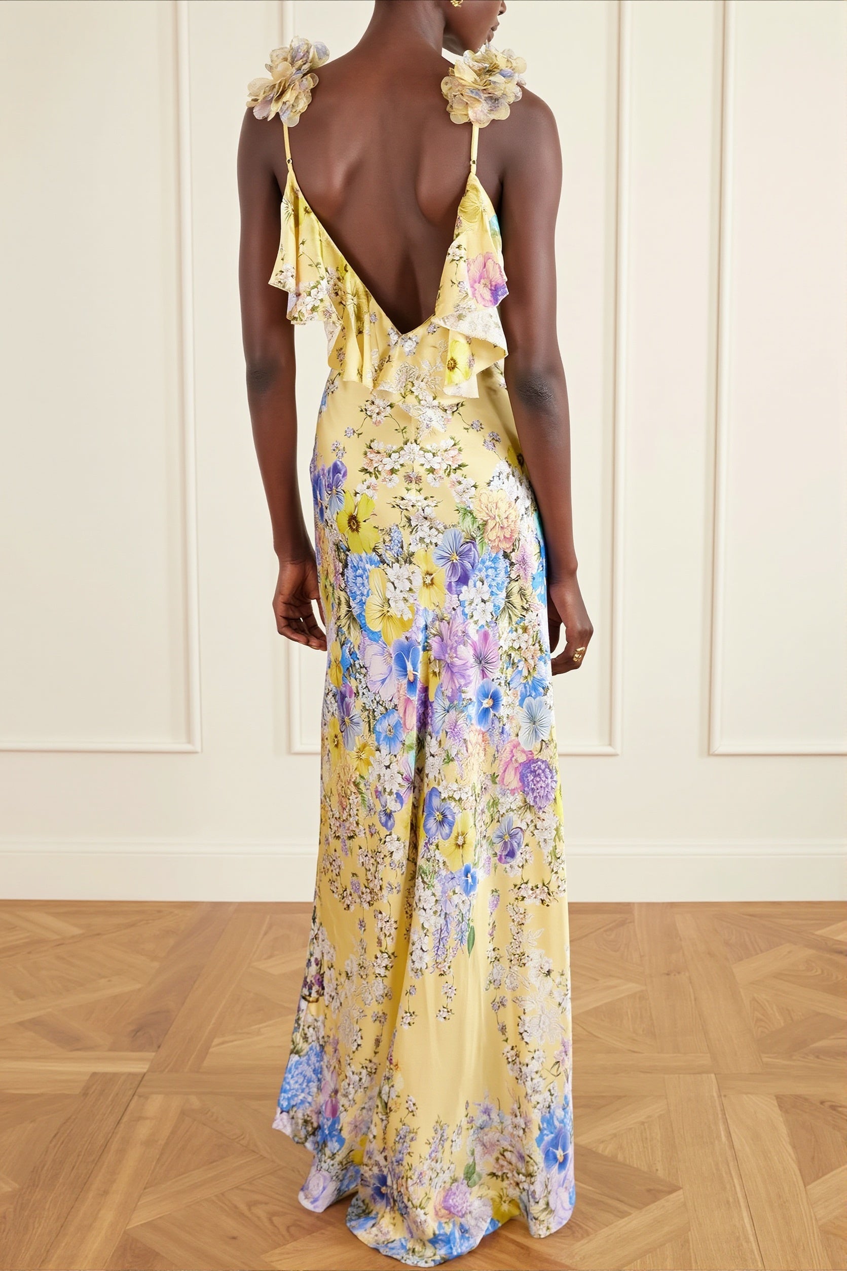 Floral Ruffle Strap Backless Maxi Dress