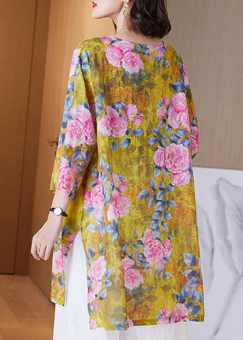 Bio-Leinenoberteil mit Rundhalsausschnitt und Armbandärmeln in Gelb 