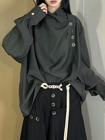 Blusas y camisas de manga larga, sueltas, asimétricas, plisadas, con abertura y cuello alto 