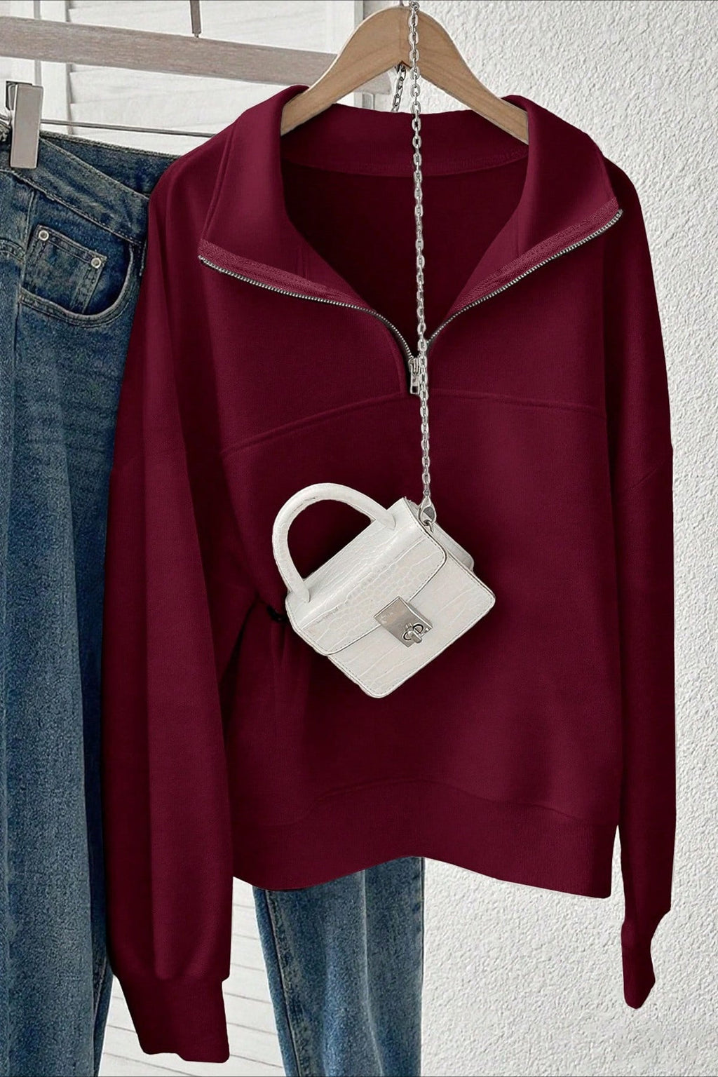 Solid Half Zip Loose V-Neck Sweatshirts