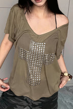 Y2K Copper Cross Print Loose T-Shirt