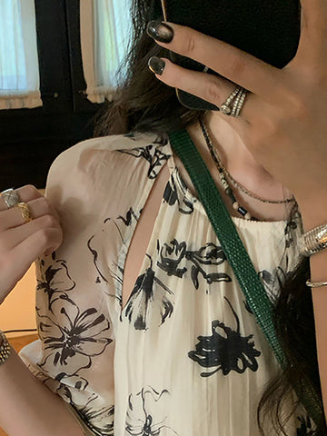 Women Summer National Floral Ink-print Pleat Loose Dress