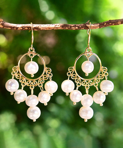 Pendientes colgantes con borlas de perlas de oro blanco de 14 quilates 