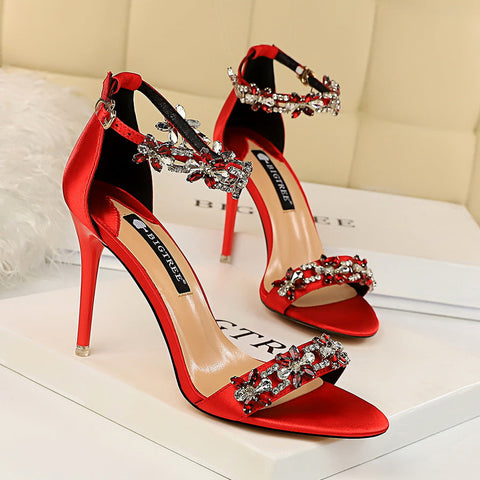 Sandalias de tacón alto de 9 cm con cristales para mujer, para boda, novia, tacones de aguja, sandalias con purpurina, zapatos elegantes de stripper con tiras de satén. 