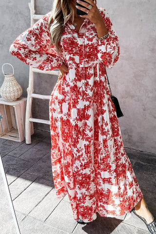 Vestido largo de manga larga con cuello en V y estampado floral 