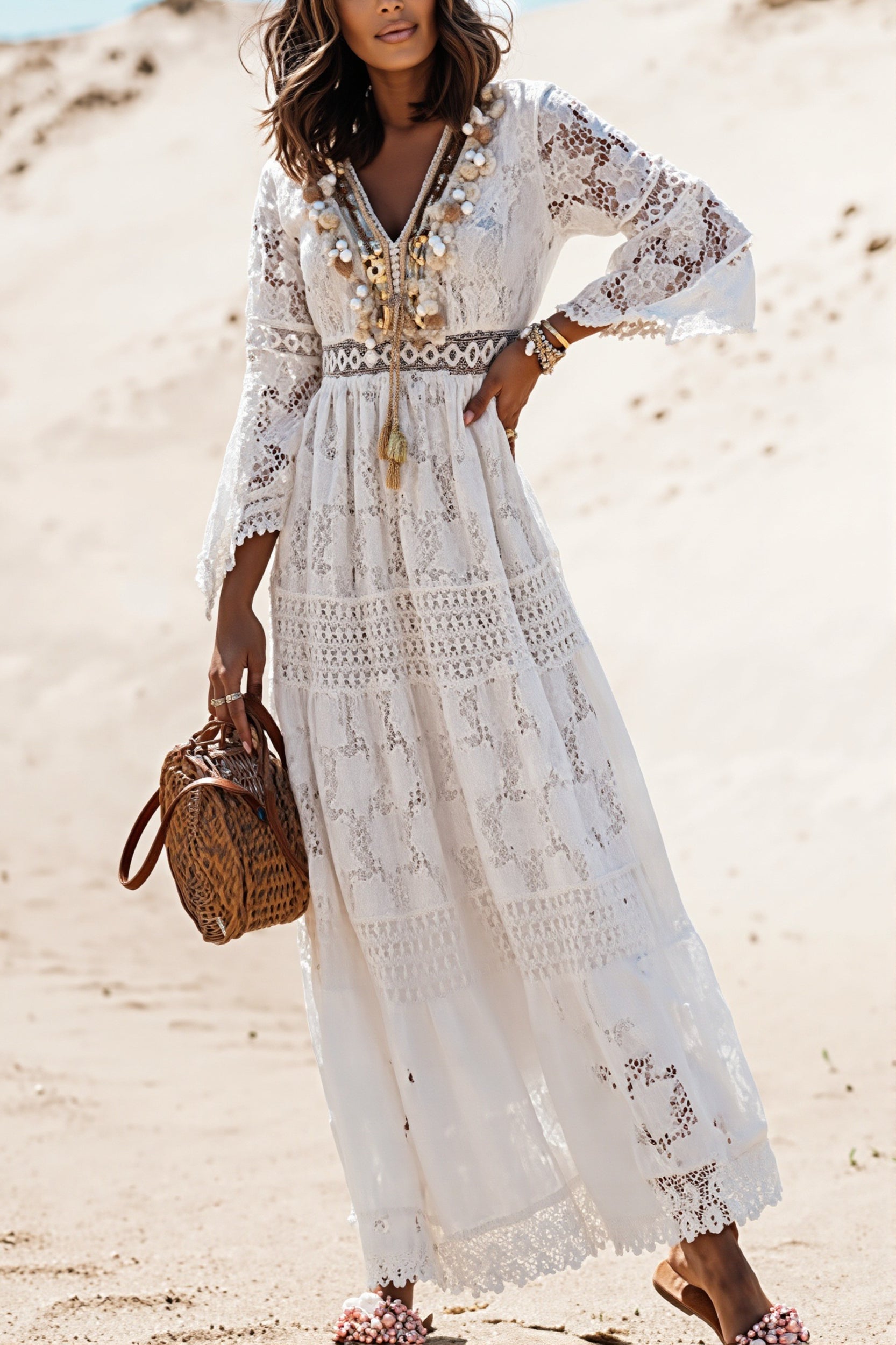 Tassel Lace Spliced Long Boho Dress