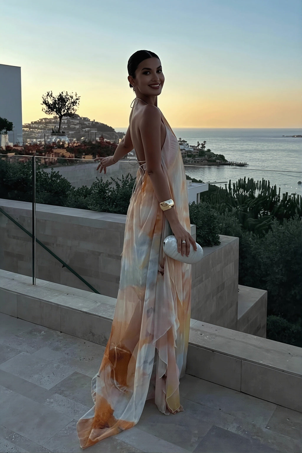 Chiffon Printed Halter Backless Maxi Dress