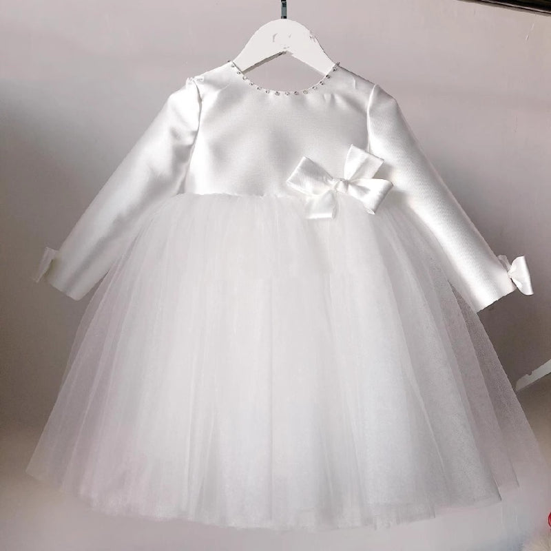 Niedliches Babykleid aus Satin-Mesh mit flauschiger Schleife, Kommunionskleid für Kleinkinder 
