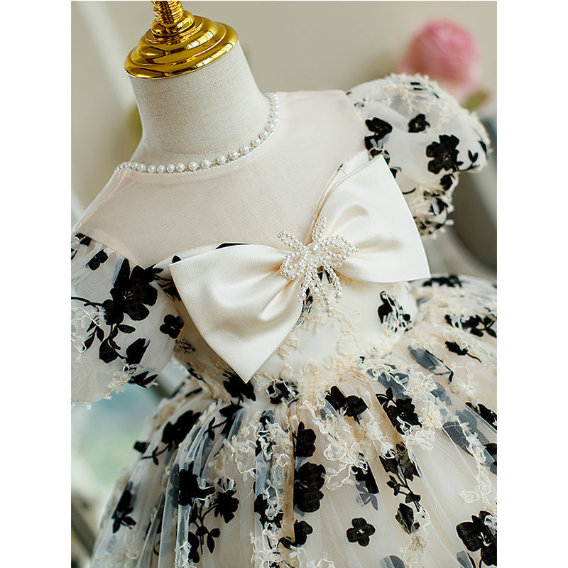 Kleinkind-Abendkleid, kleines Mädchen, Prinzessinnenkleid mit Schleife, bedruckt, flauschig, Kommunionskleid 