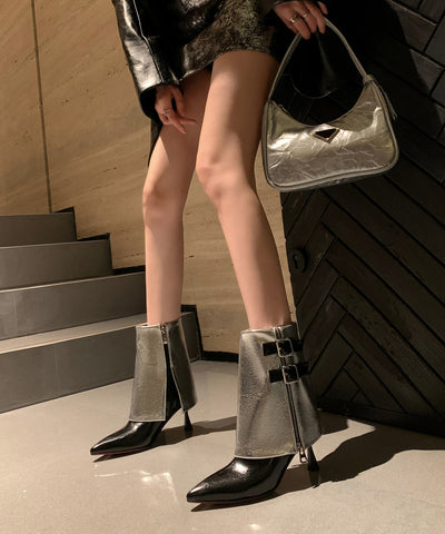 Silberne, schicke Stiletto-Stiefel aus Rindsleder mit Reißverschluss 