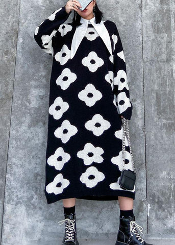 Suéter de punto con estampado negro estético para mujer, vestido holgado de punto con cuello redondo 