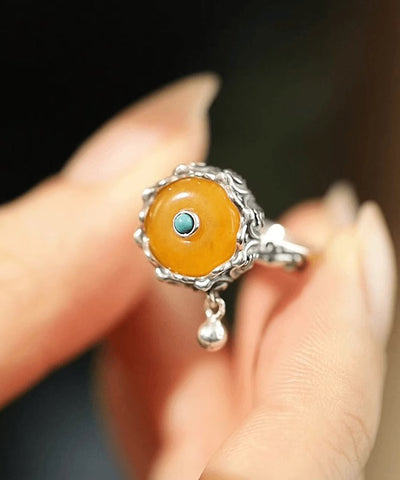 Anillos retro de jade y turquesa en plata de ley amarilla 