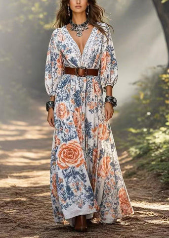 Frauen V-Ausschnitt Blumendruck Baumwolle Tunika Kleider Armband Ärmel 