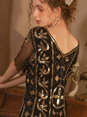 Retro Paillettenkleid V-Ausschnitt Fransen Transparente Ballkleider 