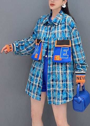 Schicke blaue karierte Knopf-Patchwork-Baumwollblusen mit langen Ärmeln 