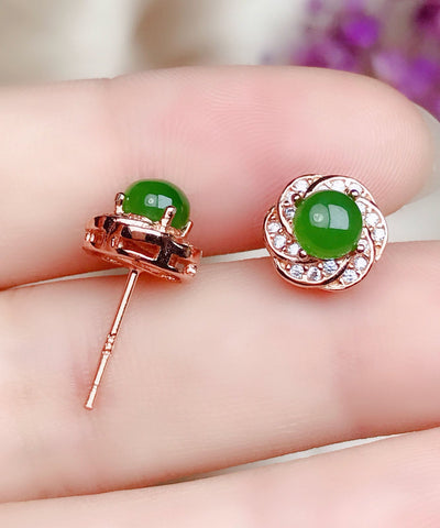 Pendientes de jade y circonitas doradas de plata verde a la moda 