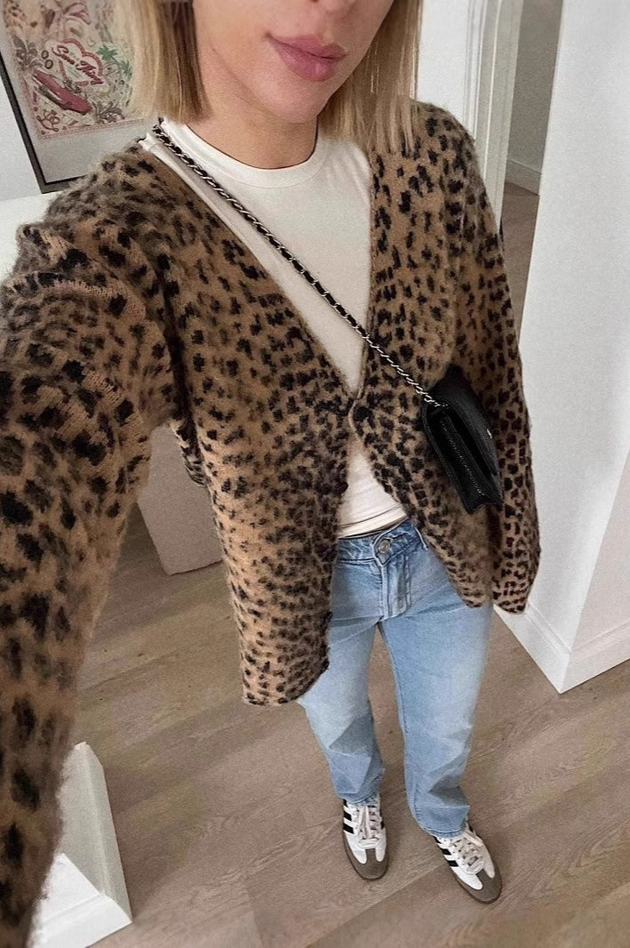 Leopard Print V-Neck Soft Fuzzy Retro Cardigan