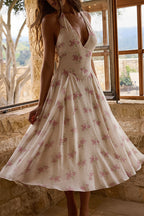 Chic Print Halter Neck V Neck Sheer Mesh Backless Midi Dress