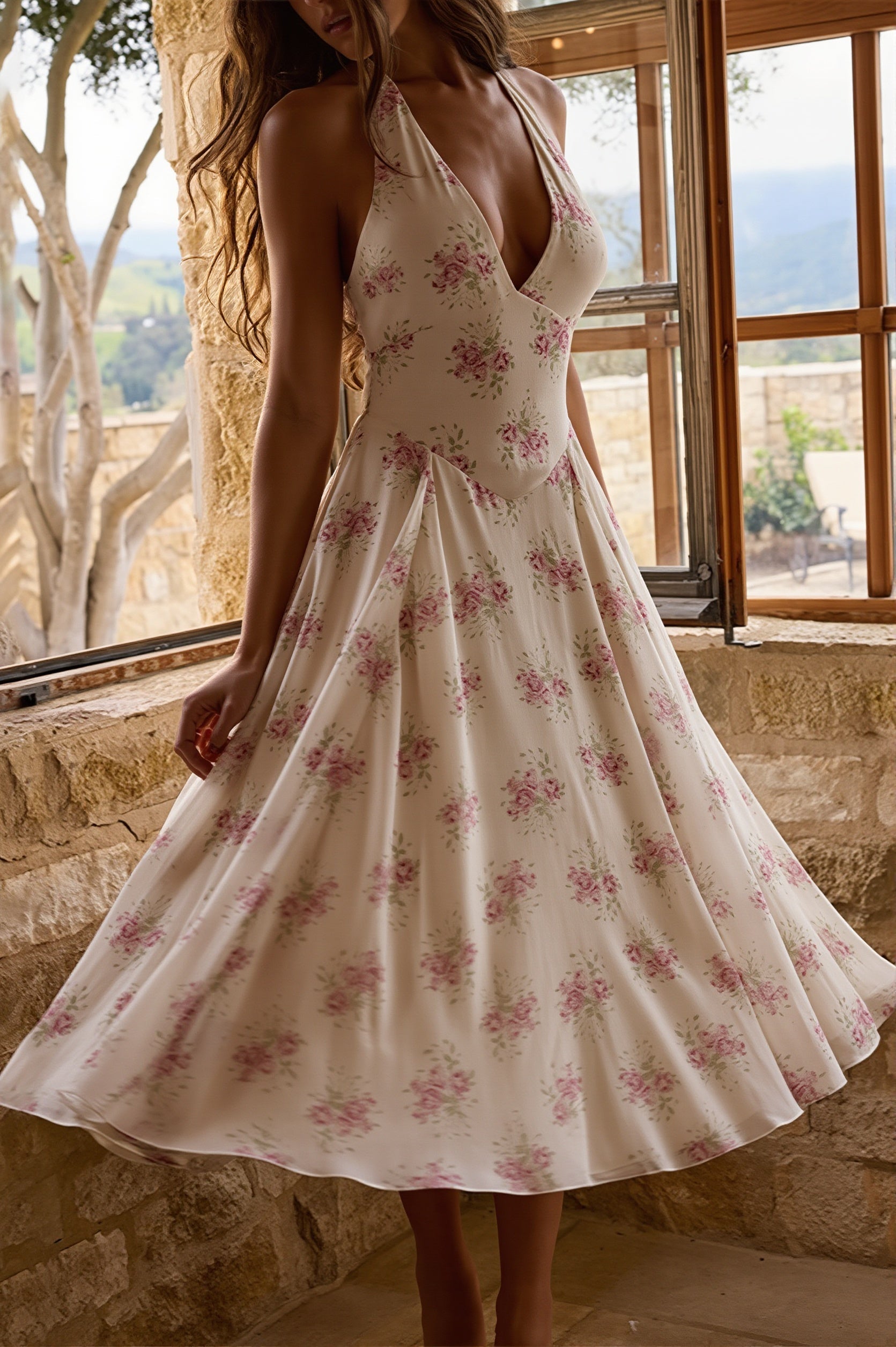 Chic Print Halter Neck V Neck Sheer Mesh Backless Midi Dress