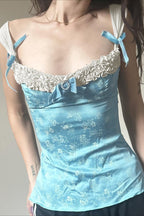 Lace Bow Floral Print Square Neck Fitted Tank Top