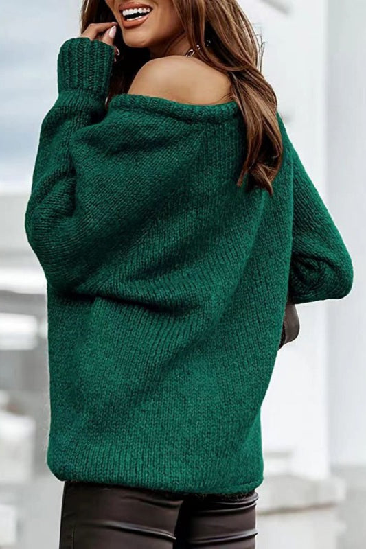 Off-Shoulder Crew-Neck Loose Knit Sweater
