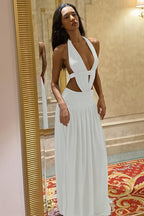 Chic Lace Trim Halter Neck Open Back A Line Maxi Dress